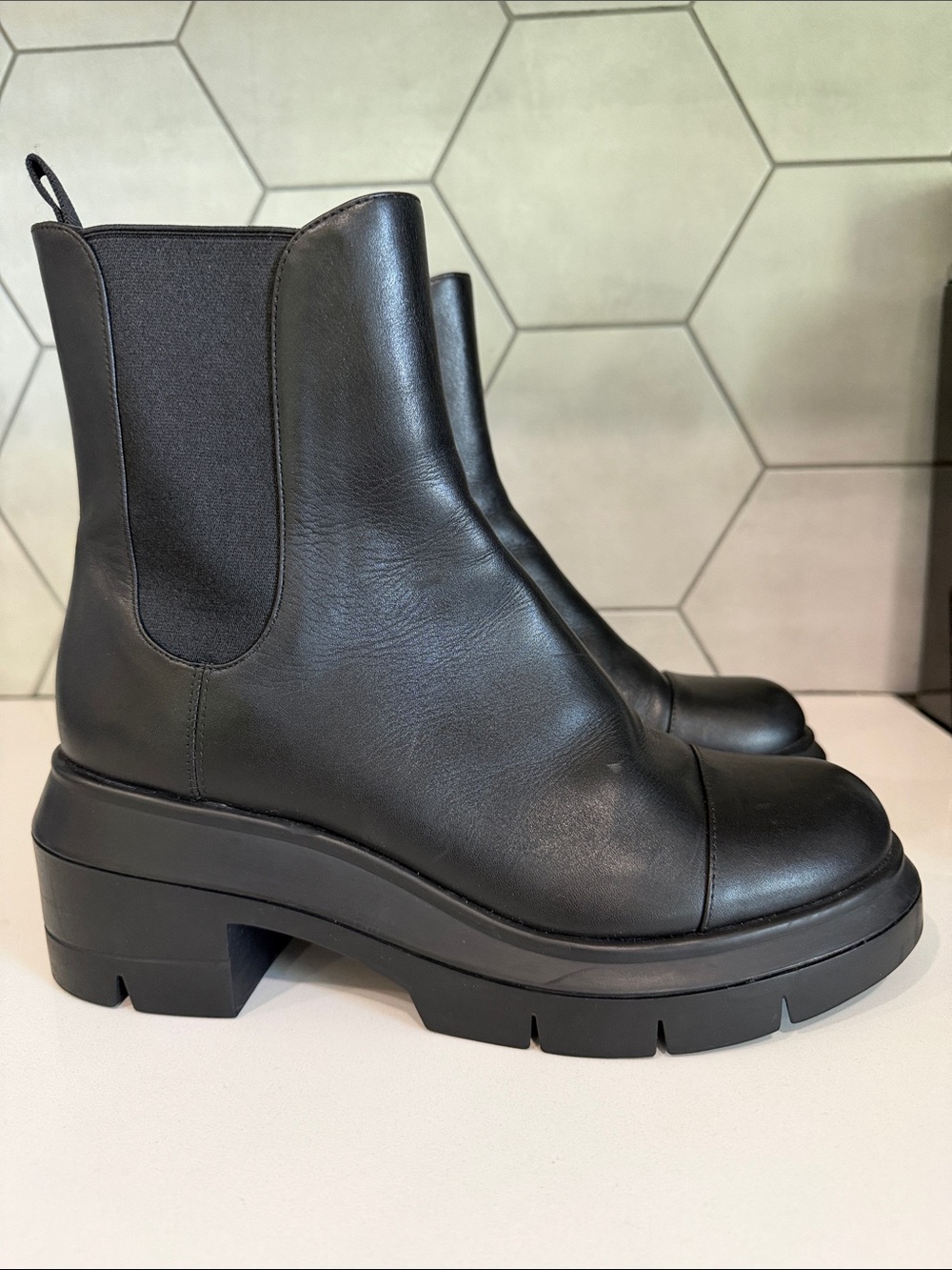 Stuart Weitzman Black Leather Platform Lug Boots - Picture 6 of 14
